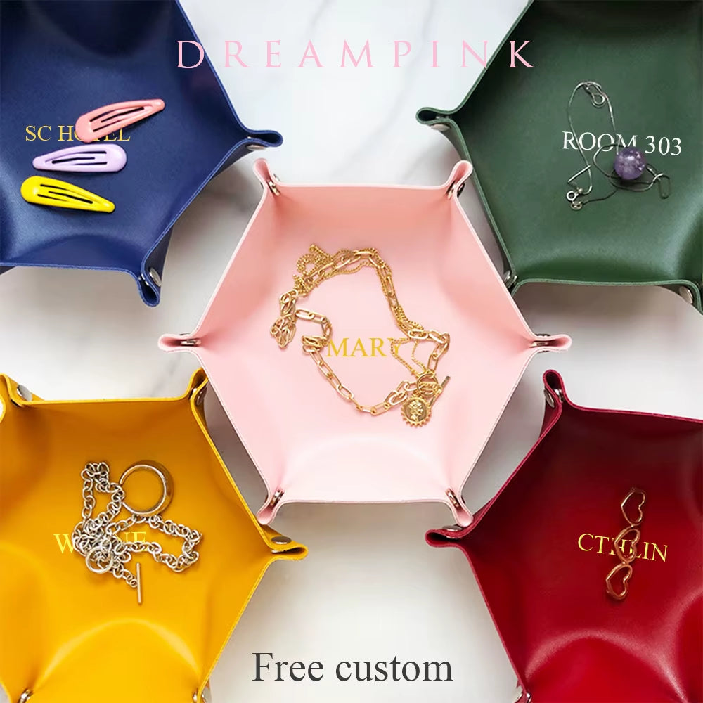 Hotel PU Leather Storage Tray Custom Logo Letters Dice Tray Hexagonal Cosmetics Key Jewelry Box Desktop Organizer Home Decor
