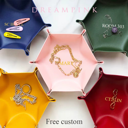 Hotel PU Leather Storage Tray Custom Logo Letters Dice Tray Hexagonal Cosmetics Key Jewelry Box Desktop Organizer Home Decor