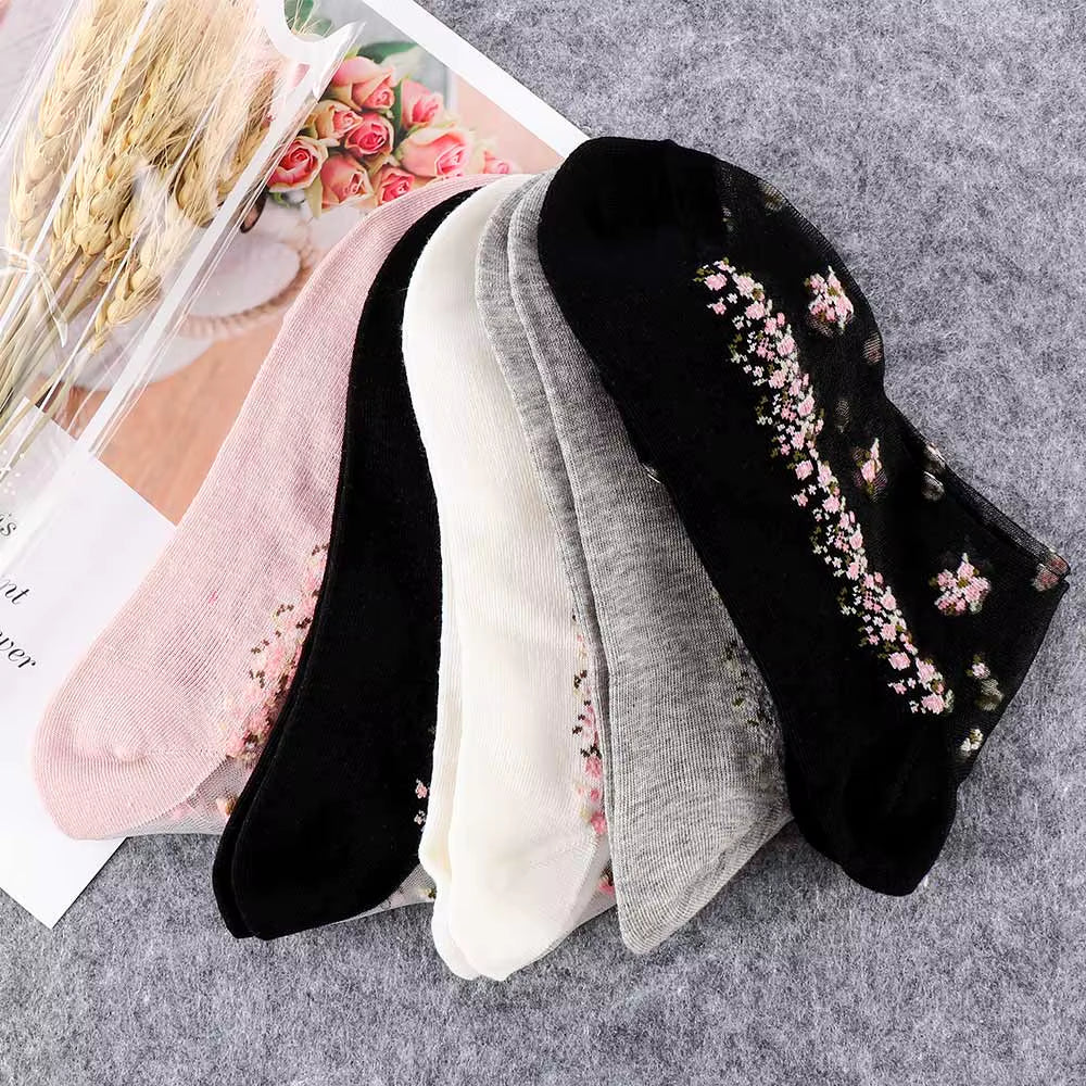 1 Pair Breathable Ultra Thin Socks Summer Women Transparent Lace Silk Crystal Rose Flower Girls Elastic Short Socks Female Sox