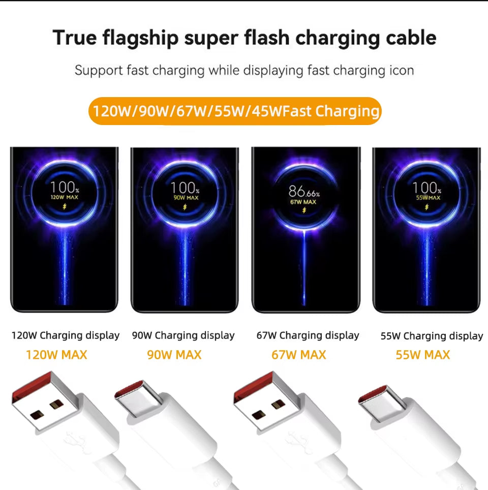 Original Usb Type C Cable 120W 90W 67W Turbo Fast Charger Mi 15 14 13 12 T Pro 11 Ultra Poco X6 X7 Redmi Note Blackshark
