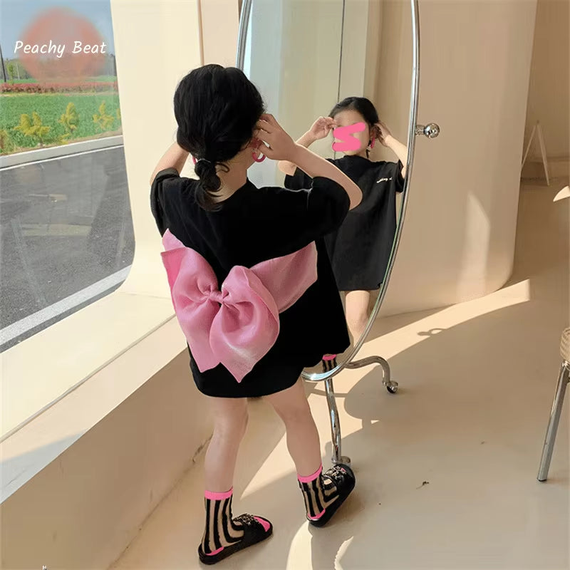 Fashion Baby Girl Princess Cotton T-Shirt Infant Toddler Child Casual Short Sleeve Big Bow Back Tees Summer Baby Clothes 18M-10Y