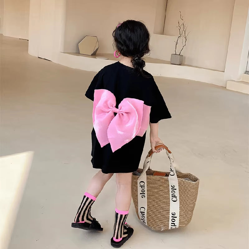 Fashion Baby Girl Princess Cotton T-Shirt Infant Toddler Child Casual Short Sleeve Big Bow Back Tees Summer Baby Clothes 18M-10Y