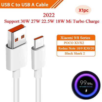 Original Usb Type C Cable 120W 90W 67W Turbo Fast Charger Mi 15 14 13 12 T Pro 11 Ultra Poco X6 X7 Redmi Note Blackshark