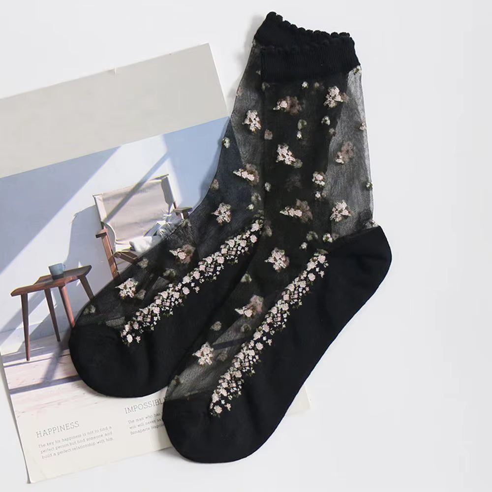 1 Pair Breathable Ultra Thin Socks Summer Women Transparent Lace Silk Crystal Rose Flower Girls Elastic Short Socks Female Sox