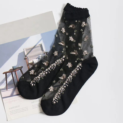 1 Pair Breathable Ultra Thin Socks Summer Women Transparent Lace Silk Crystal Rose Flower Girls Elastic Short Socks Female Sox