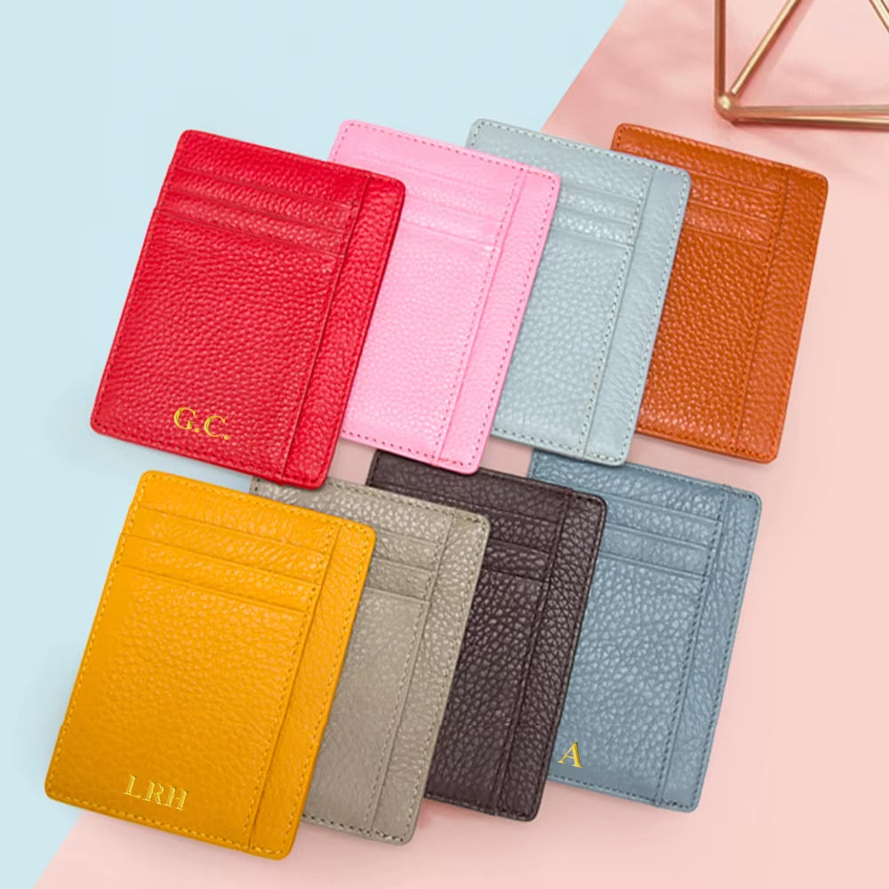Cowhide Slim Wallet Customize Initials Women Men Card Holder Luxury Genuine Leather Personalize Letters Credit Card Case Sleeve